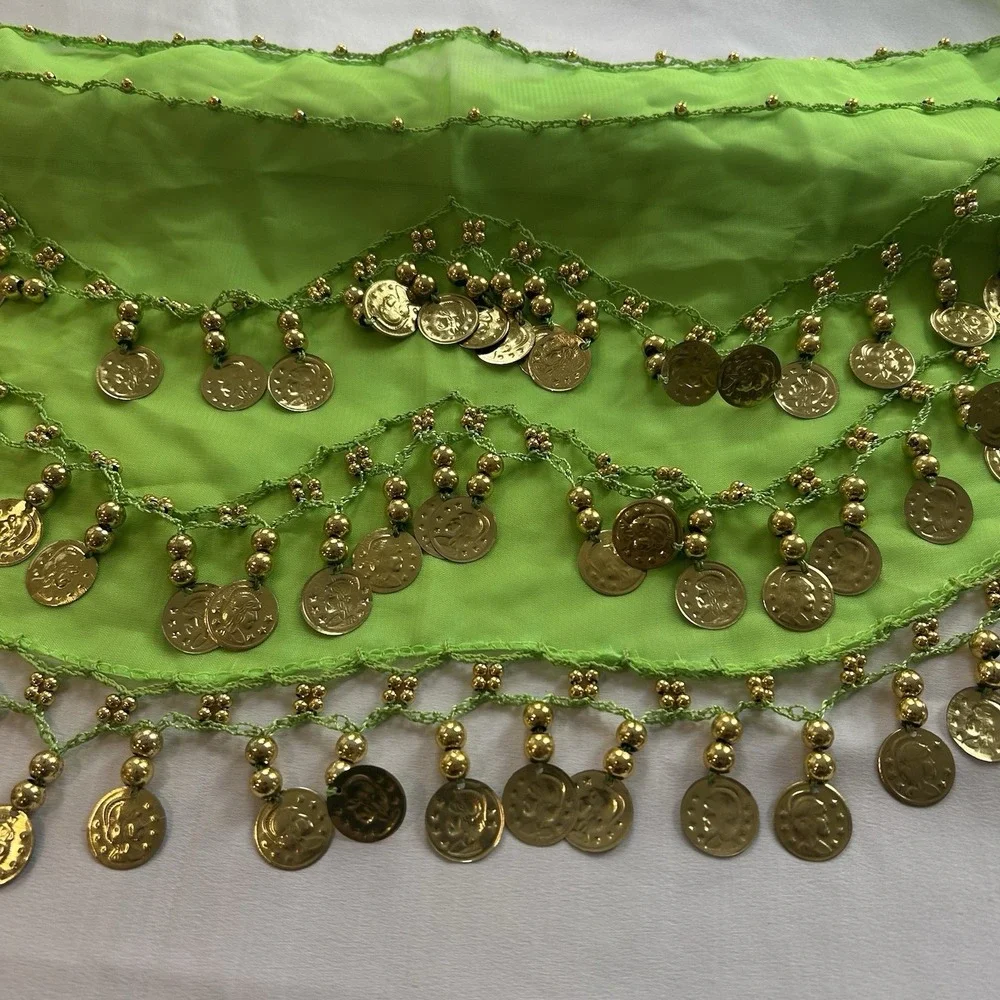 Bright Green Belly Dance Skirt Sash Coins 54 In